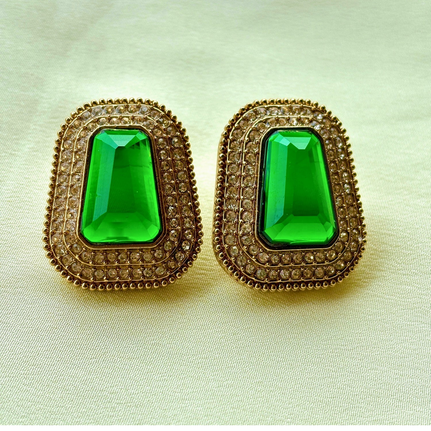 Green Stone Gold-Plated Stud Earrings with AD Work