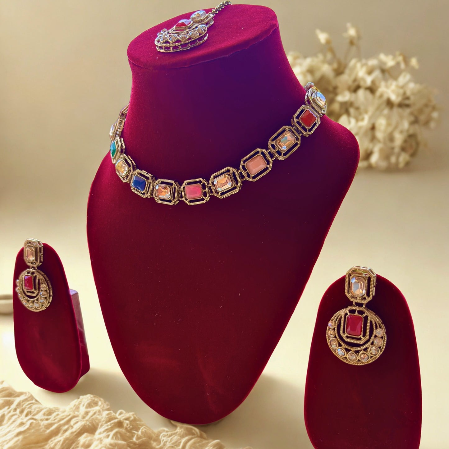Multicolor Stone Choker Necklace Set with Earrings & Maang Tikka