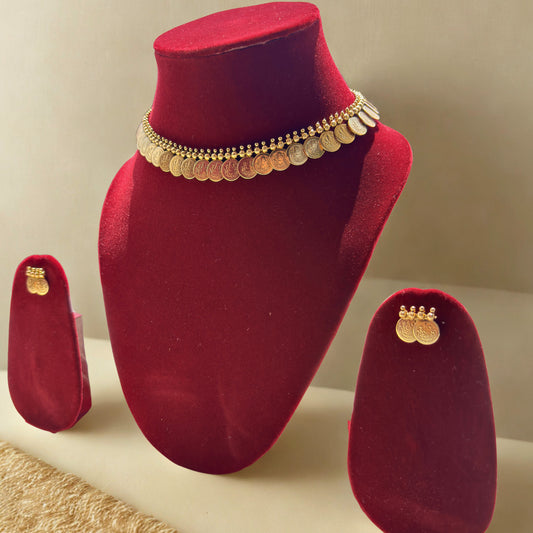 Ethnic Gold Plated Coin Choker Necklace Set with Earrings