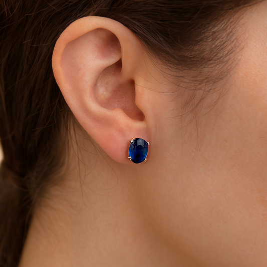 Blue Gemstone Oval Stud Earrings for Women & Girls