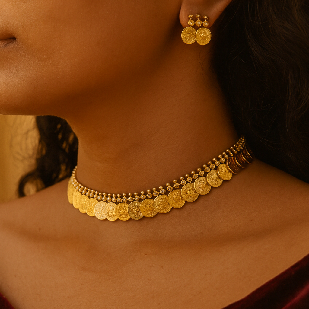 Ethnic Gold Plated Coin Choker Necklace Set with Earrings
