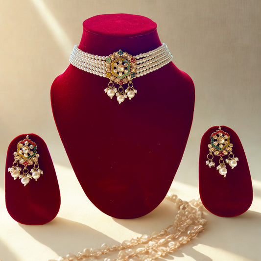 Gold-Plated Pearl Choker Necklace Set with Earrings
