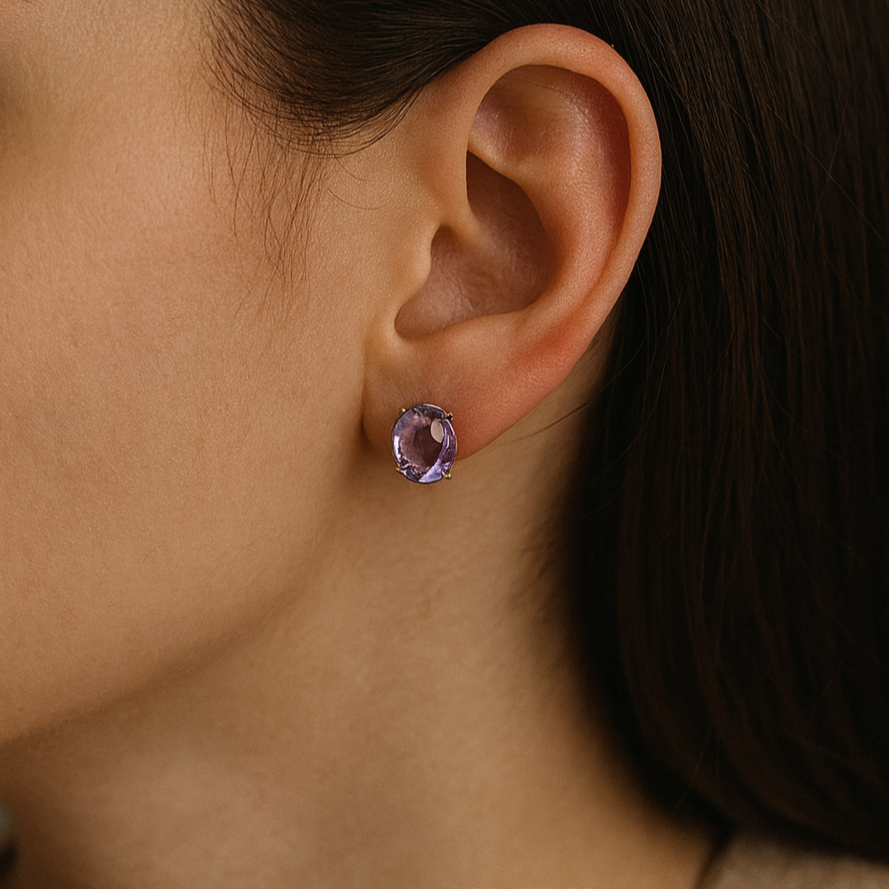 Elegant Purple Stone Oval Stud Earrings