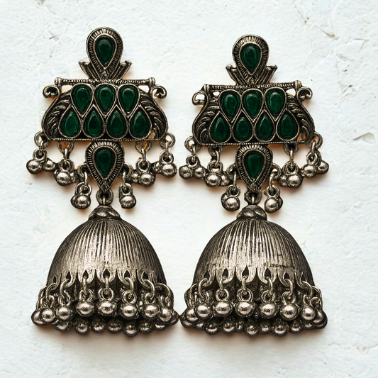 Antique Oxidized Jhumka Earrings with Green Stone Work