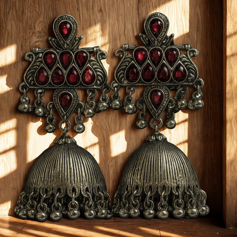 Antique Oxidized Silver Jhumka Earrings with Red Stone Work