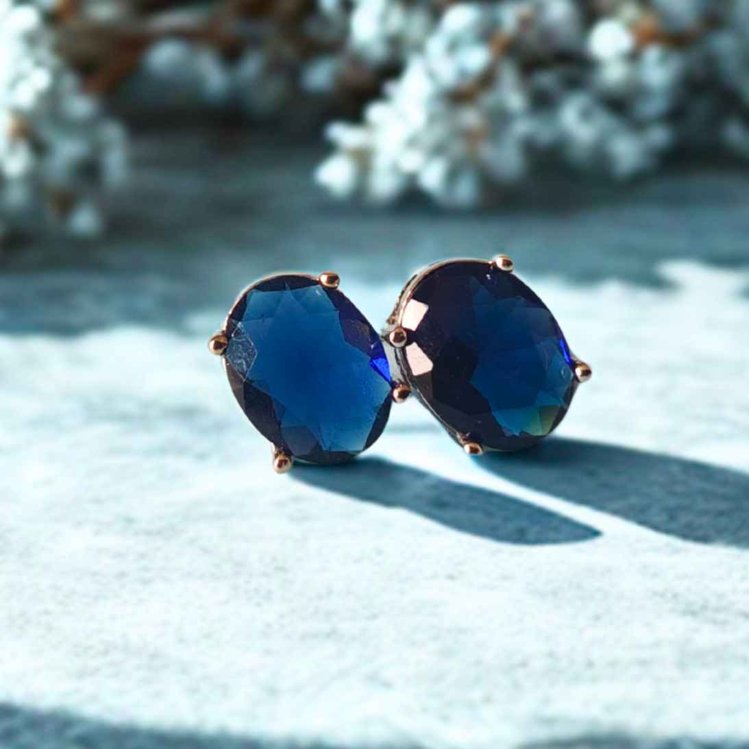 Blue Gemstone Oval Stud Earrings for Women & Girls