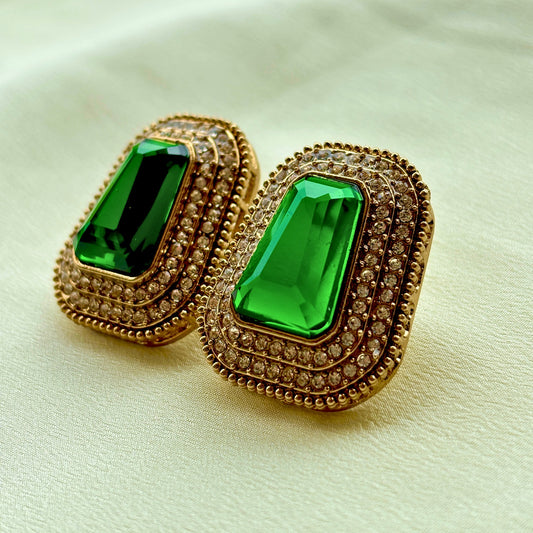 Green Stone Gold-Plated Stud Earrings with AD Work