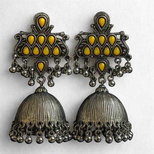 Antique Oxidized Silver Jhumka Earrings with Yellow Stone Work