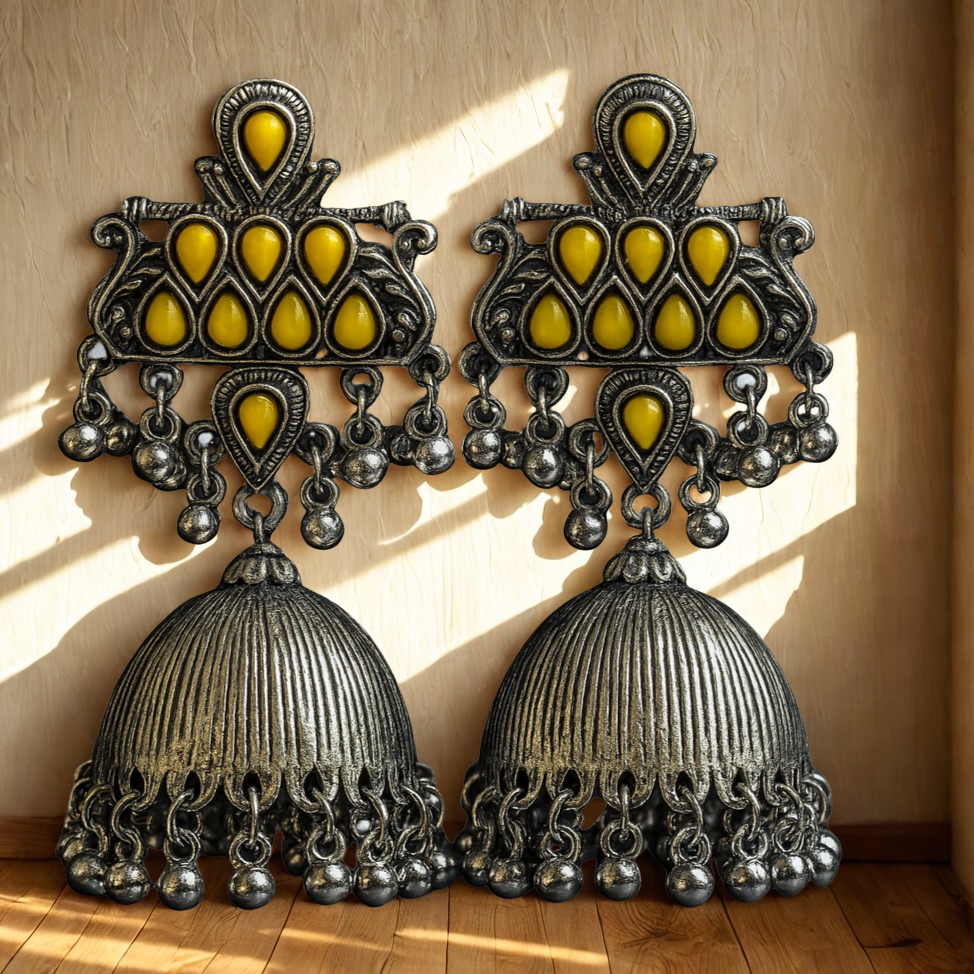 Antique Oxidized Silver Jhumka Earrings with Yellow Stone Work