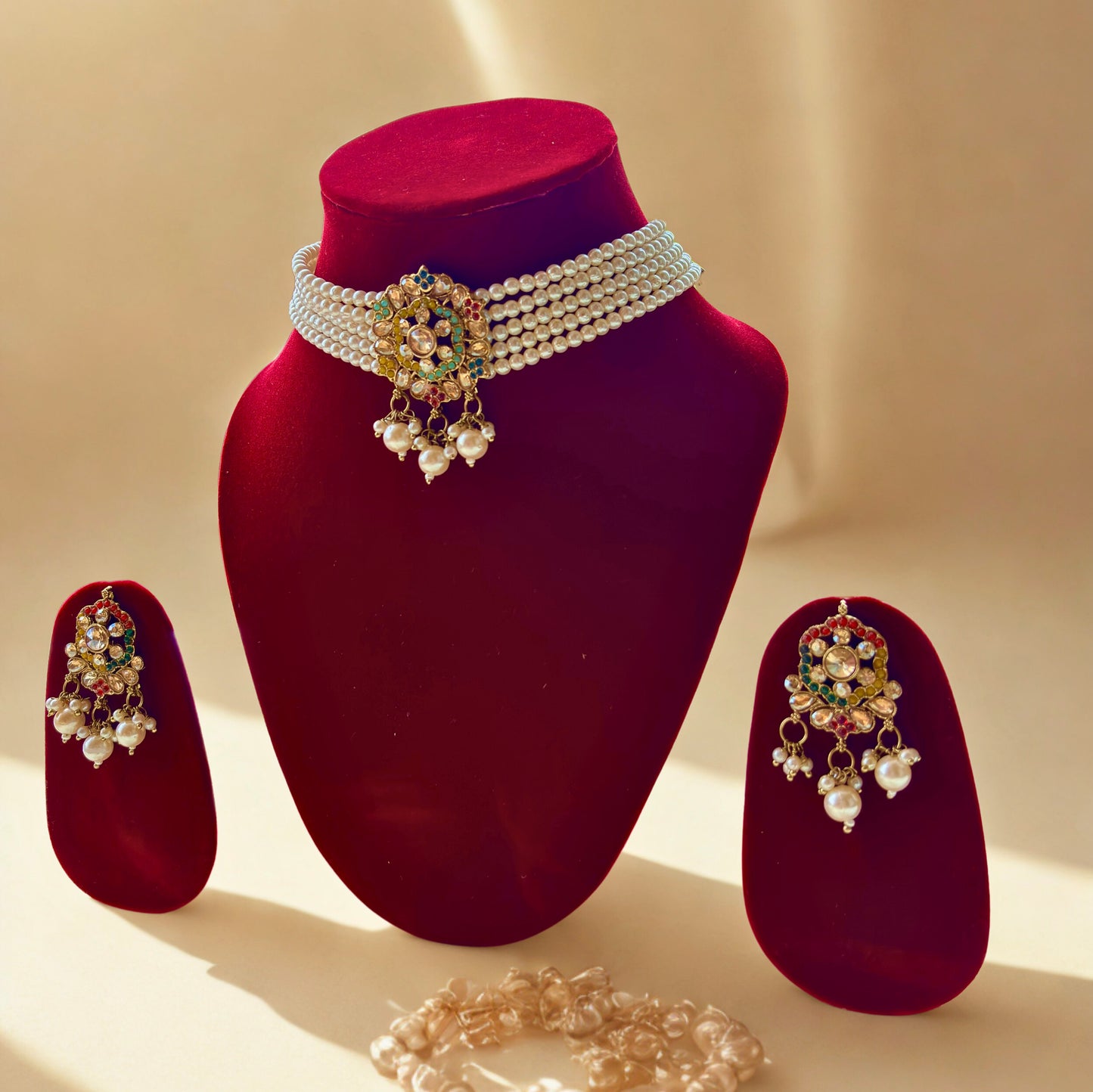 Gold-Plated Pearl Choker Necklace Set with Earrings