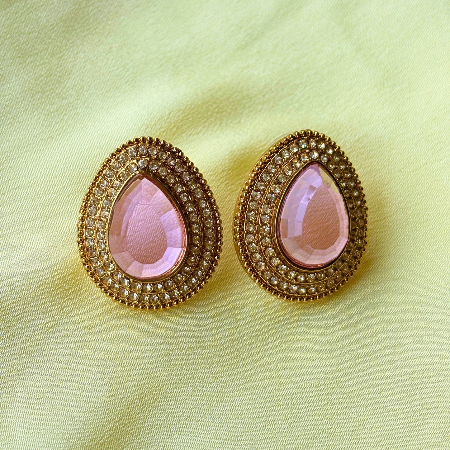 Gold Plated Pink Stone Stud Earrings for Women & Girls