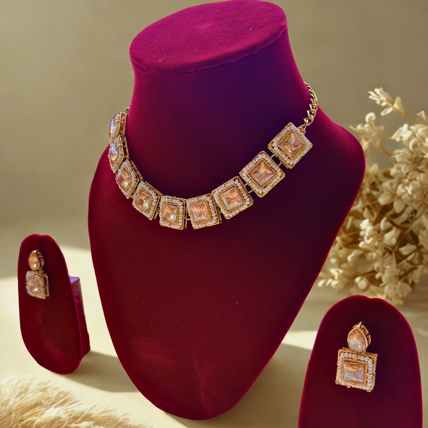 Square Stone Choker Necklace Set with Earrings for Women