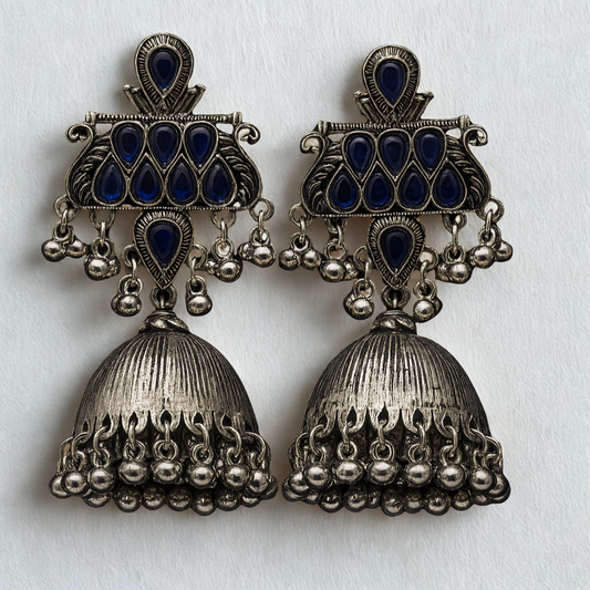 Antique Gold-Plated Oxidized Silver Jhumka Earrings with Blue Stone Work