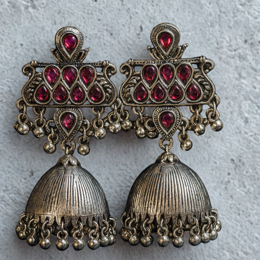 Trendy Gold Plated Antique Jhumka Earrings with Magenta Stones