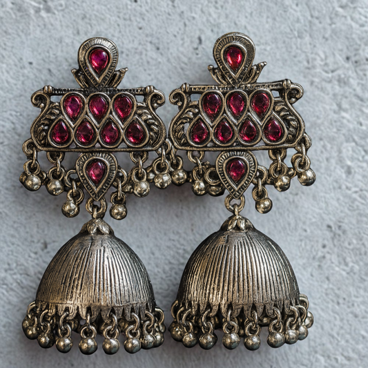 Trendy Gold Plated Antique Jhumka Earrings with Magenta Stones