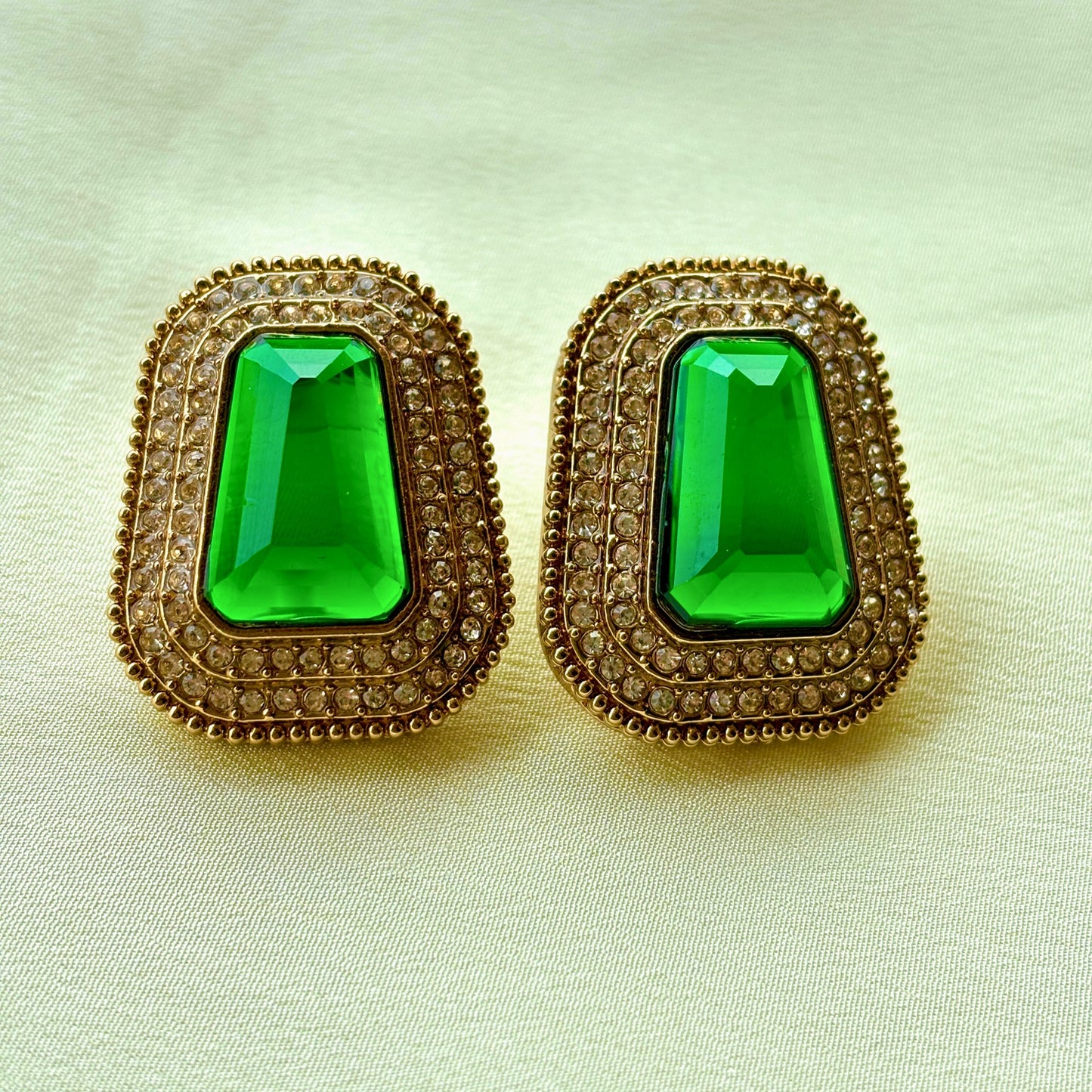 Green Stone Gold-Plated Stud Earrings with AD Work
