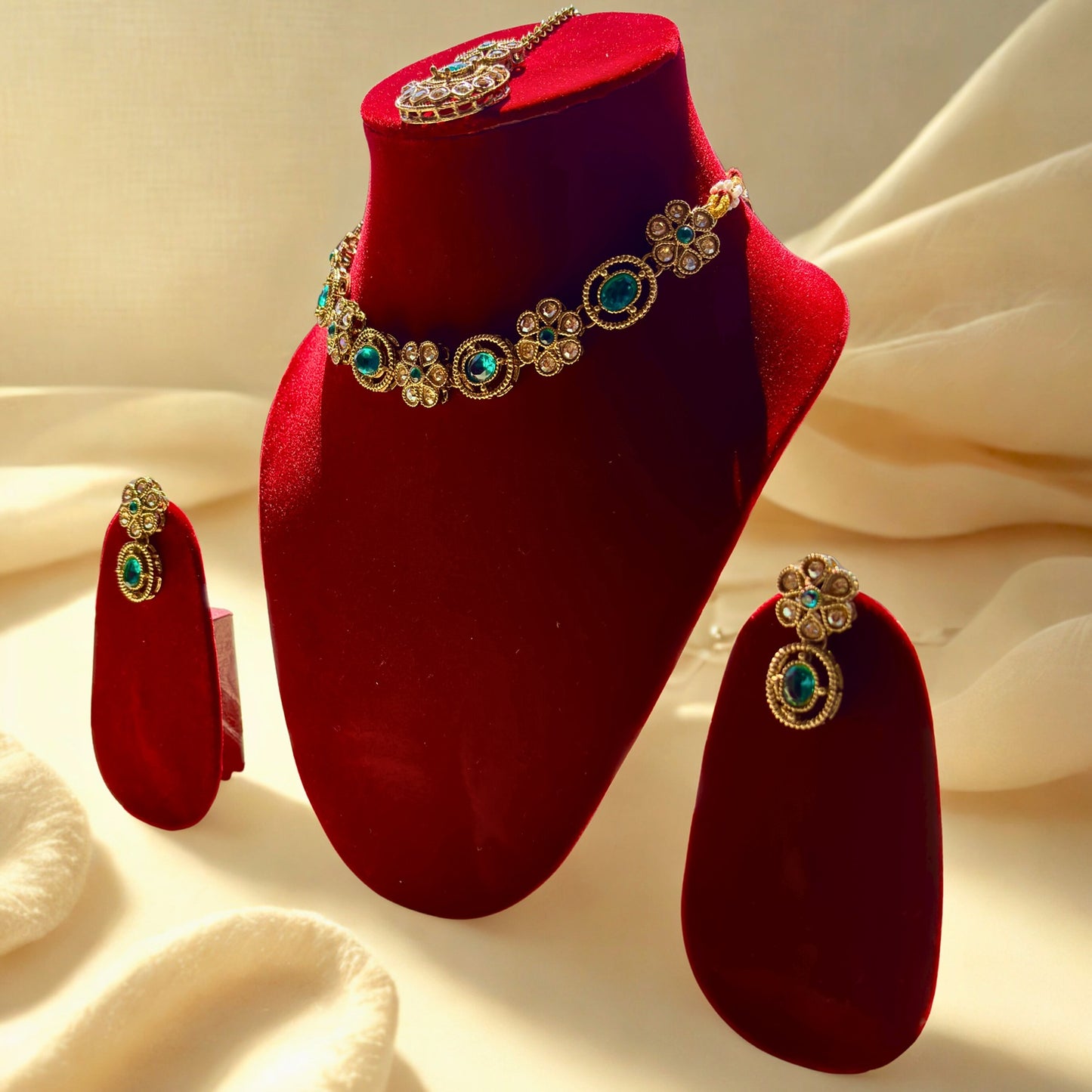 Trendy Gold Plated Green Stone Floral Jewelry Set