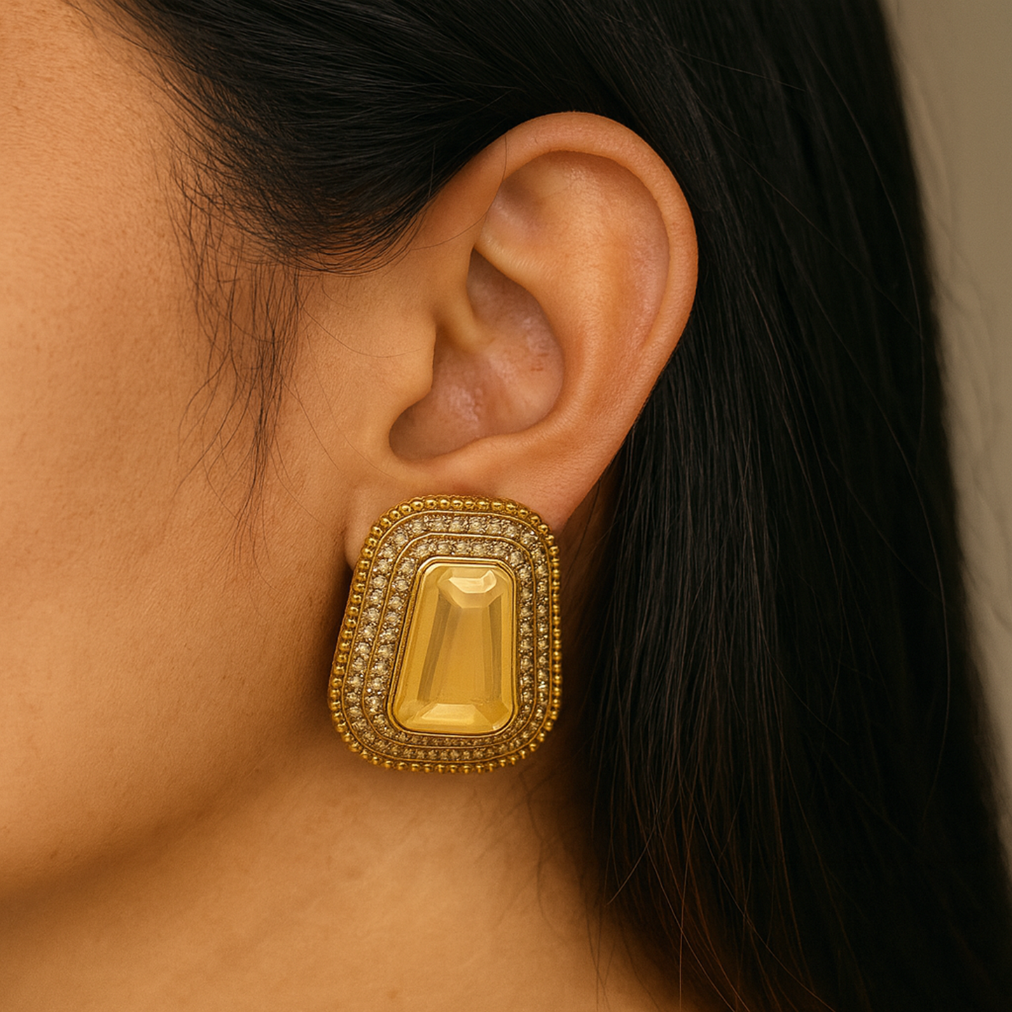 Luxury Gold Plated Yellow Stone Stud Earrings for Women