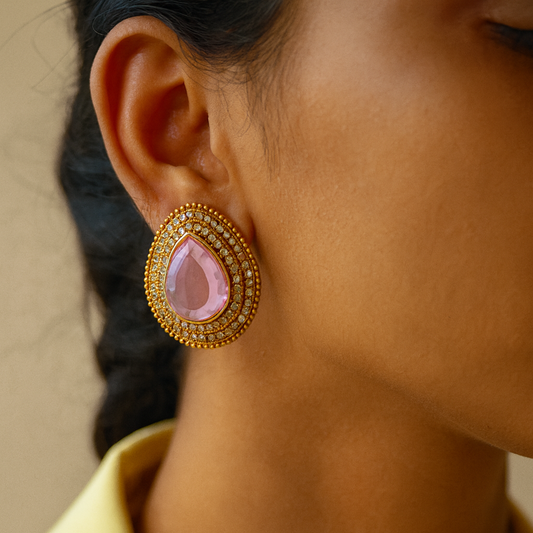 Gold Plated Pink Stone Stud Earrings for Women & Girls