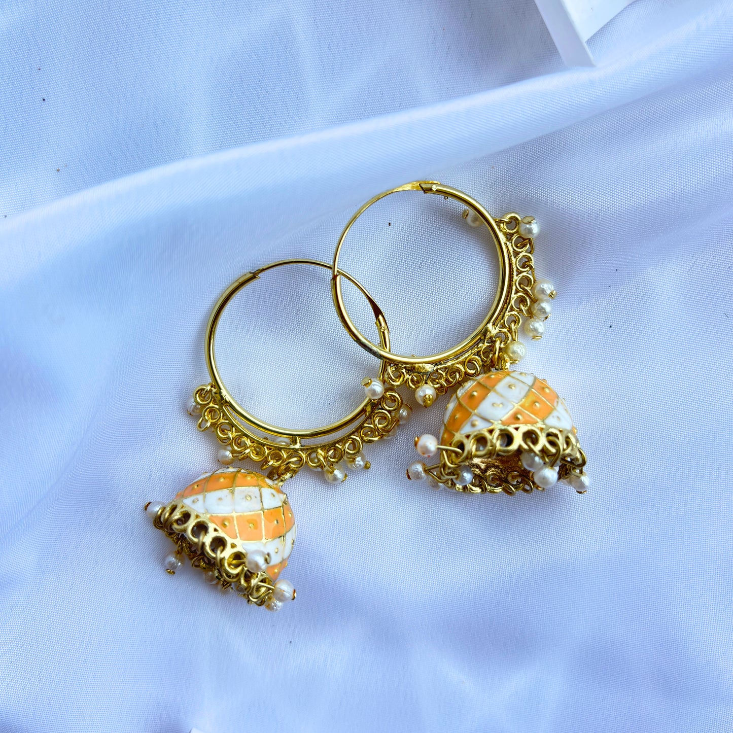 Gold Plated Meenakari Hoop Jhumka Earrings with Pearls