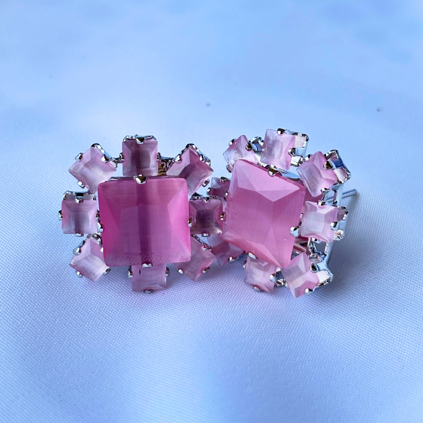 Pink Square Stone Stud Earrings