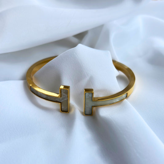 Trendy Gold-Plated Open Cuff Bracelet with White Inlay