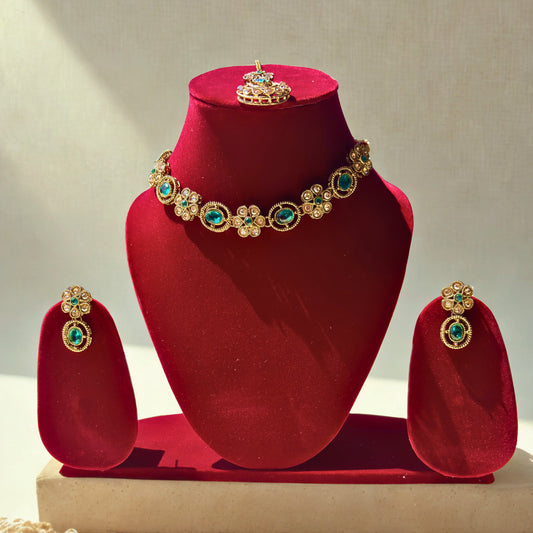 Trendy Gold Plated Green Stone Floral Jewelry Set