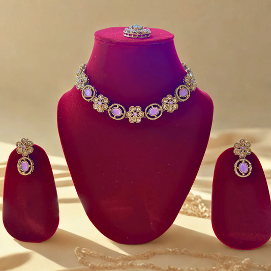 Trendy Gold Plated Floral Purple Stone Jewelry Set