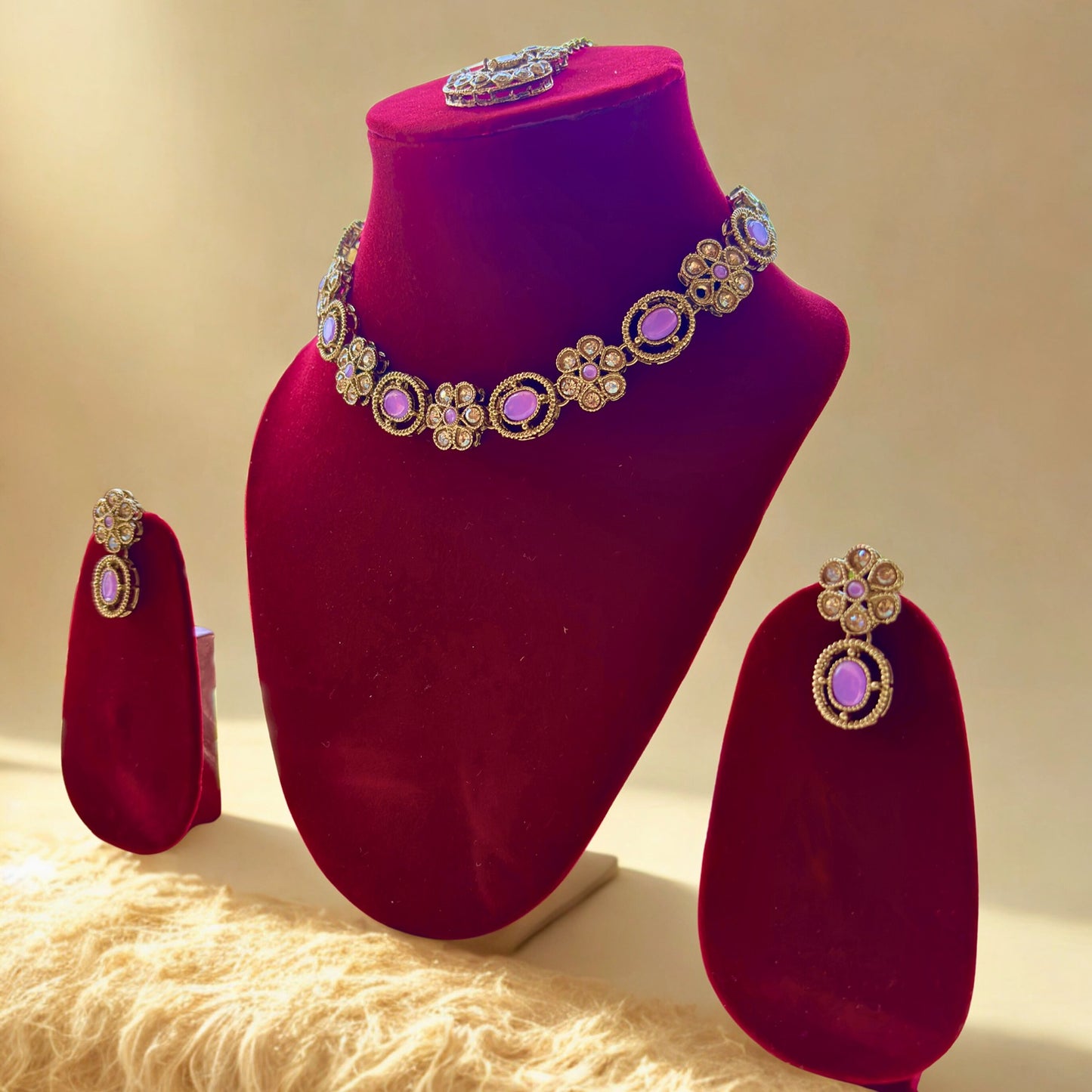 Trendy Gold Plated Floral Purple Stone Jewelry Set