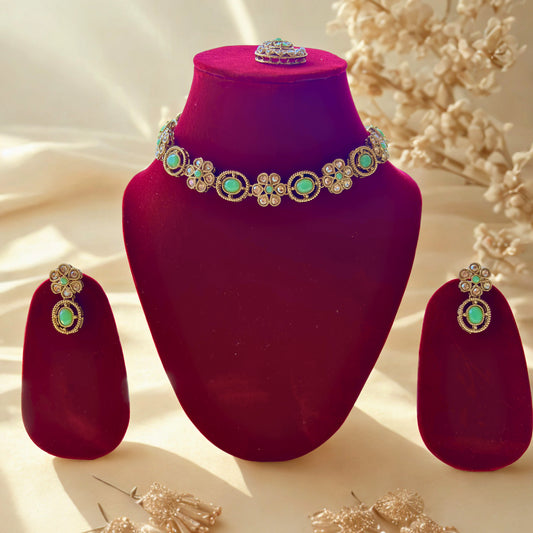 Elegant Gold Plated Floral Green Stone Jewelry Set
