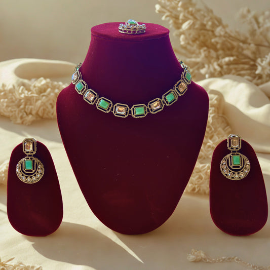 Prearva Green Stone Choker Necklace Set with Earrings & Tikka for Women