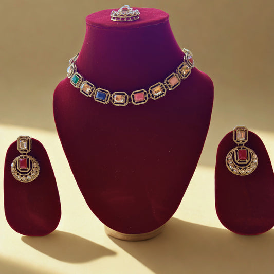 Multicolor Stone Choker Necklace Set with Earrings & Maang Tikka