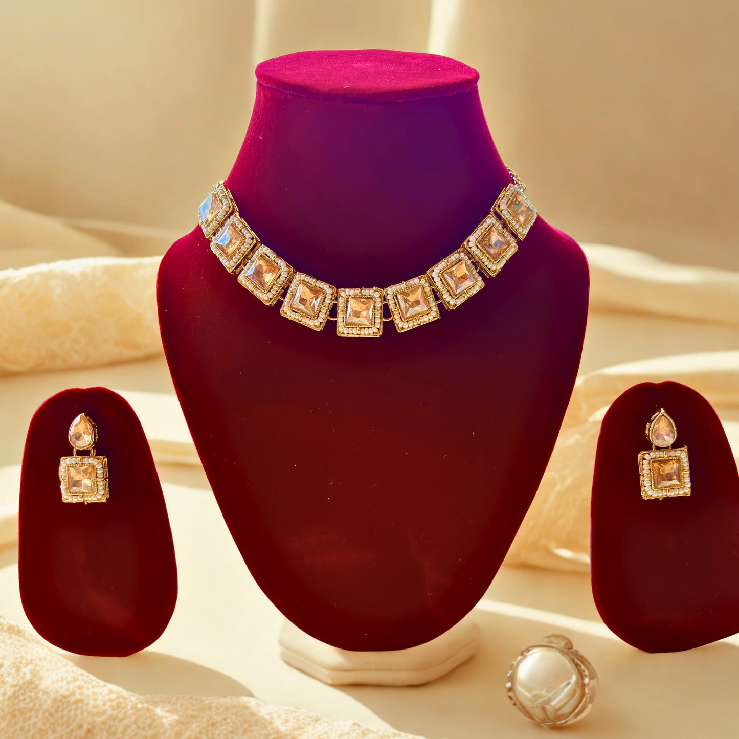 Square Stone Choker Necklace Set with Earrings for Women