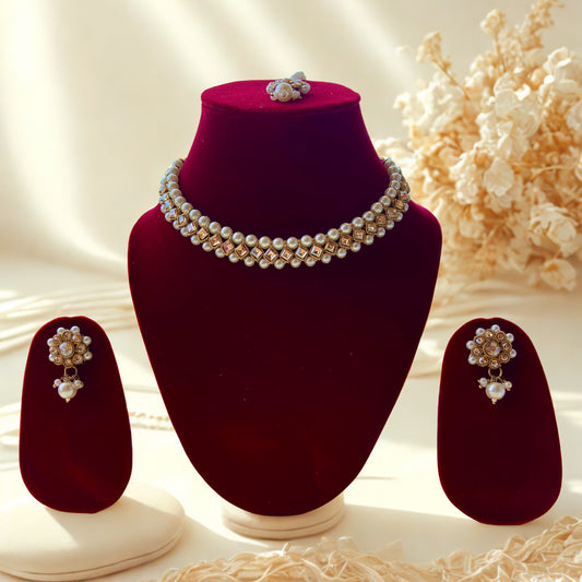 Pearl Choker Necklace Set with Earrings & Maang Tika for Women