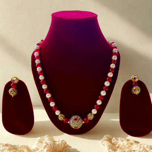 Red Beaded Pearl Necklace Set with Earrings for Women