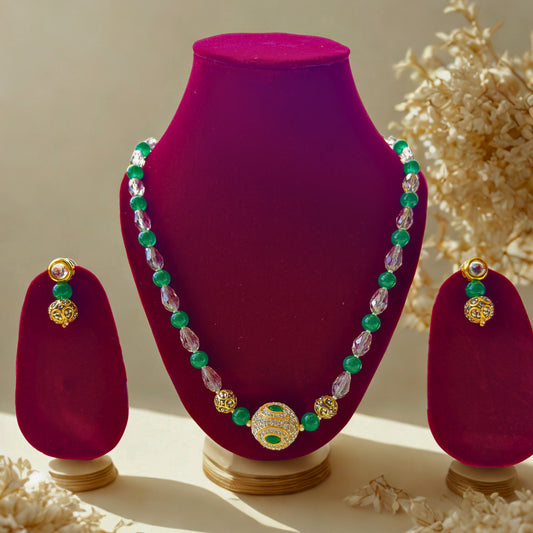Green Beaded Necklace Set with Earrings for Women