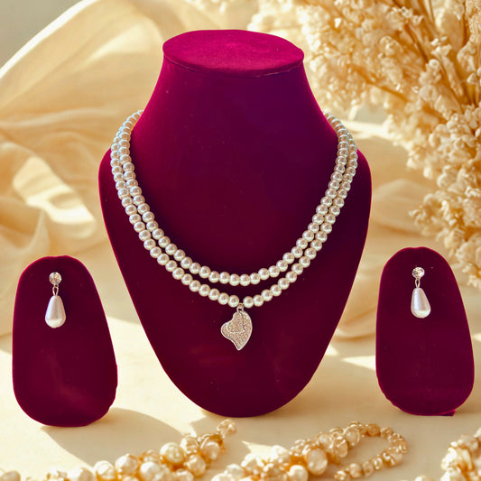 Elegant Double Layer Pearl Necklace Set with Heart Pendant & Earrings