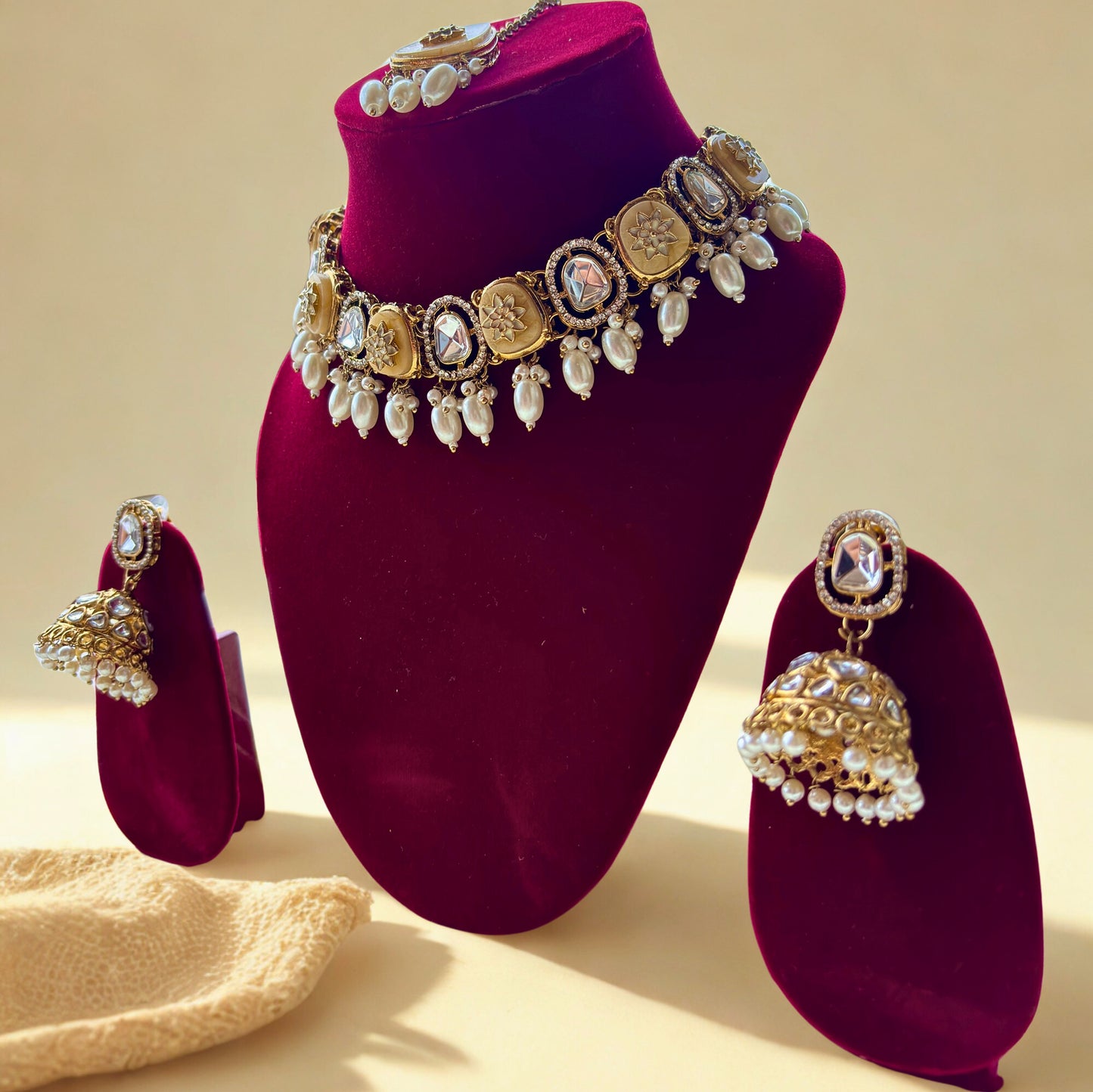 Traditional Gold Plated Kundan Choker Necklace Set with Jhumka Earrings & Tikka