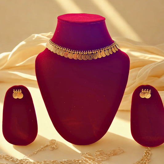 Ethnic Gold Plated Coin Choker Necklace Set with Earrings