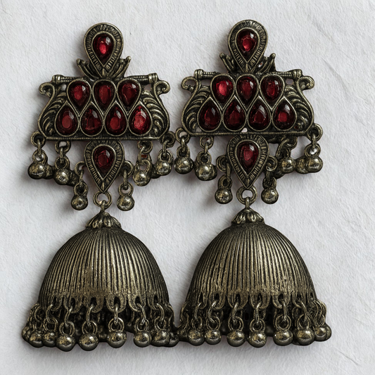 Antique Oxidized Silver Jhumka Earrings with Red Stone Work