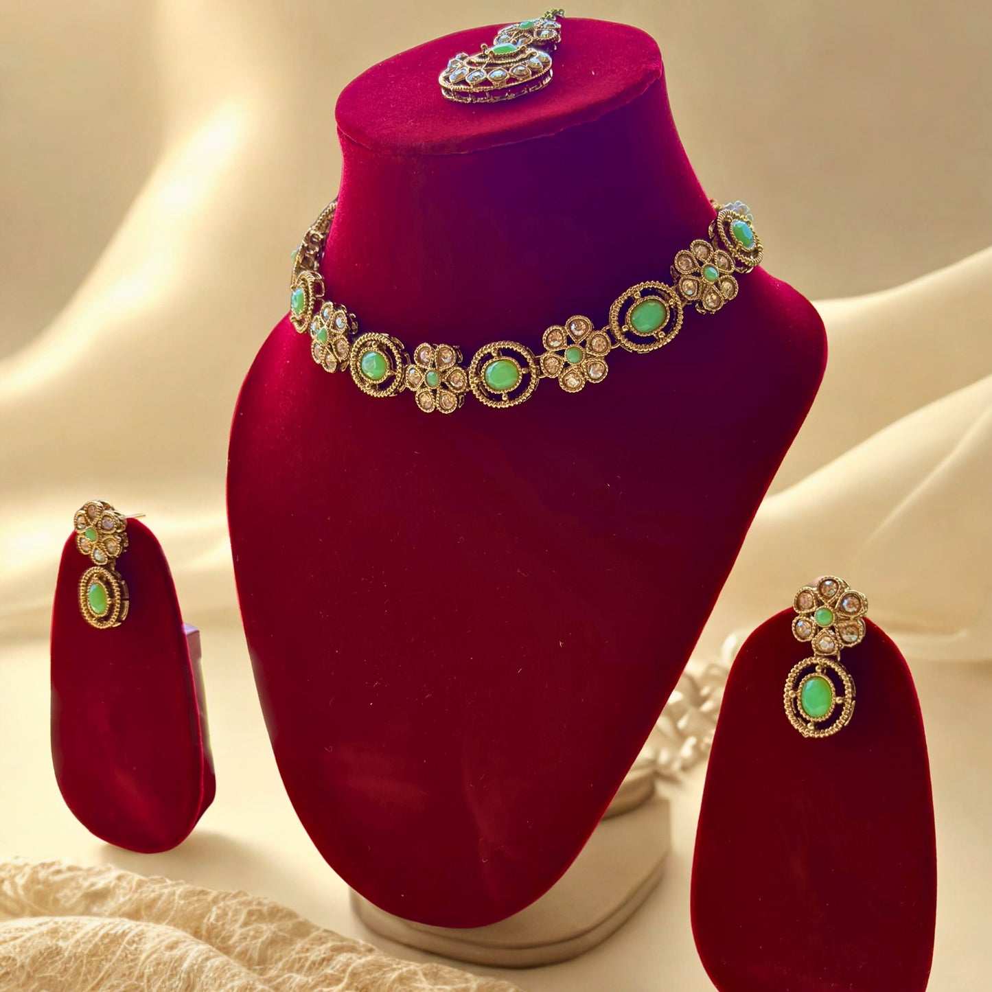 Elegant Gold Plated Floral Green Stone Jewelry Set