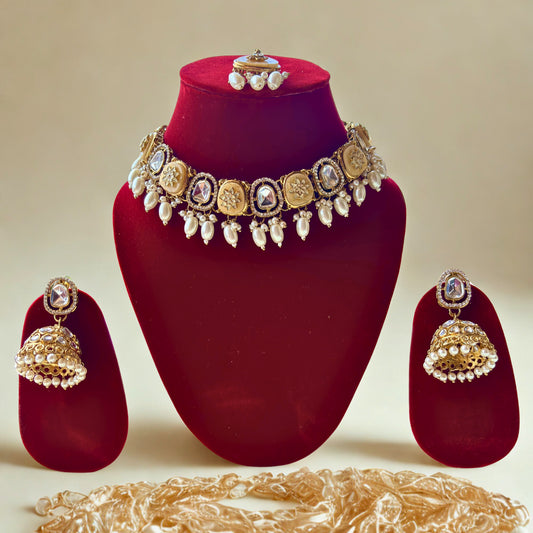 Traditional Gold Plated Kundan Choker Necklace Set with Jhumka Earrings & Tikka