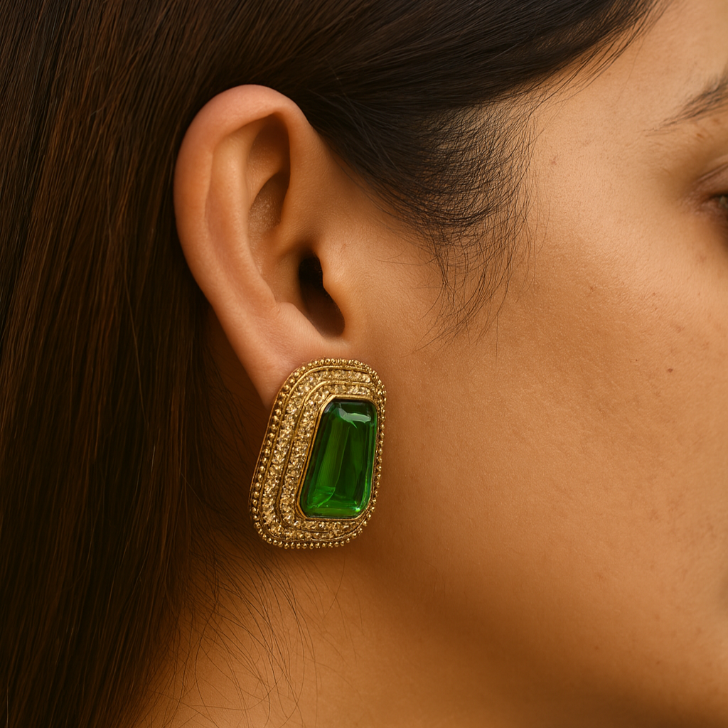 Green Stone Gold-Plated Stud Earrings with AD Work