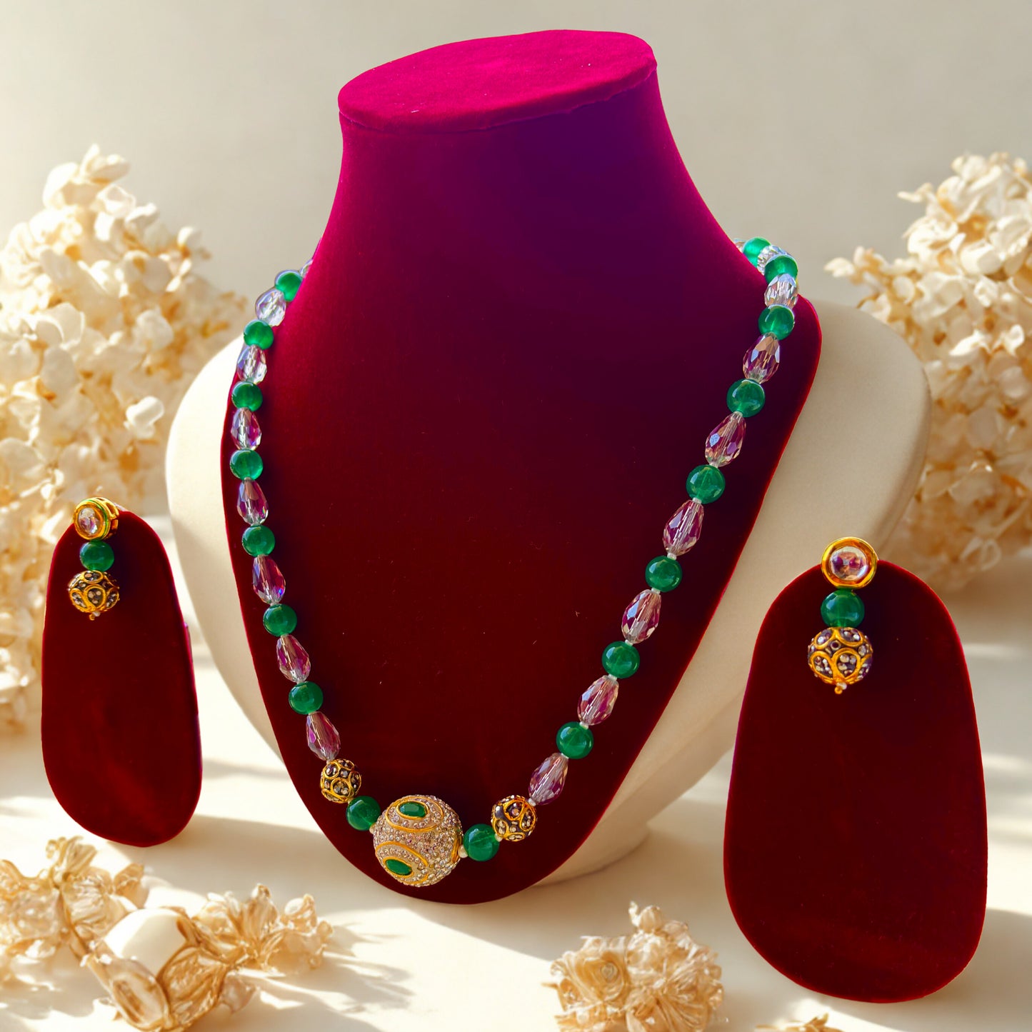 Green Beaded Necklace Set with Earrings for Women