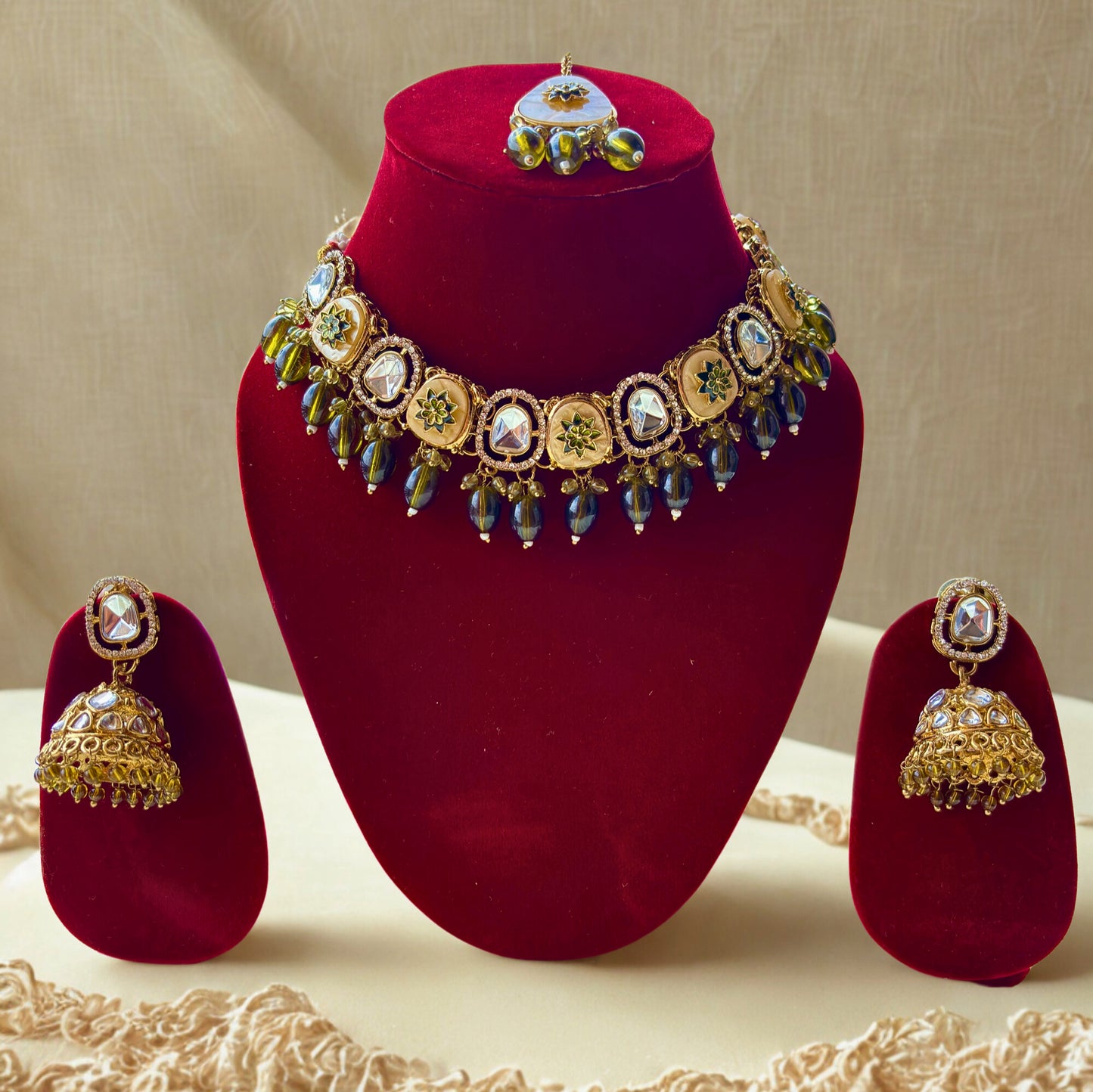 Traditional Gold Plated Kundan Choker Necklace Set with Jhumka Earrings & Tikka