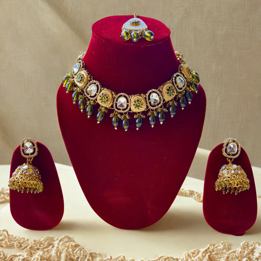 Traditional Gold Plated Kundan Choker Necklace Set with Jhumka Earrings & Tikka