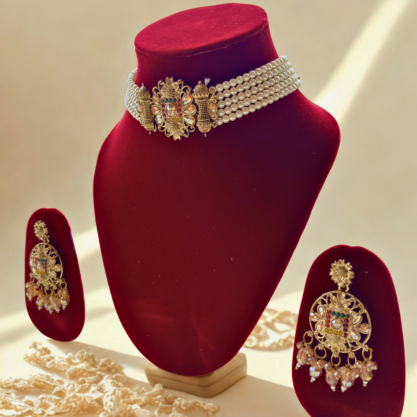 Ethnic Gold Plated Pearl Choker Necklace Set with Earrings