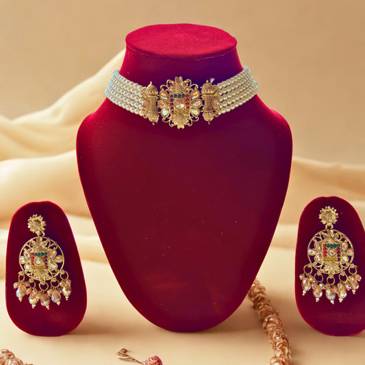 Ethnic Gold Plated Pearl Choker Necklace Set with Earrings