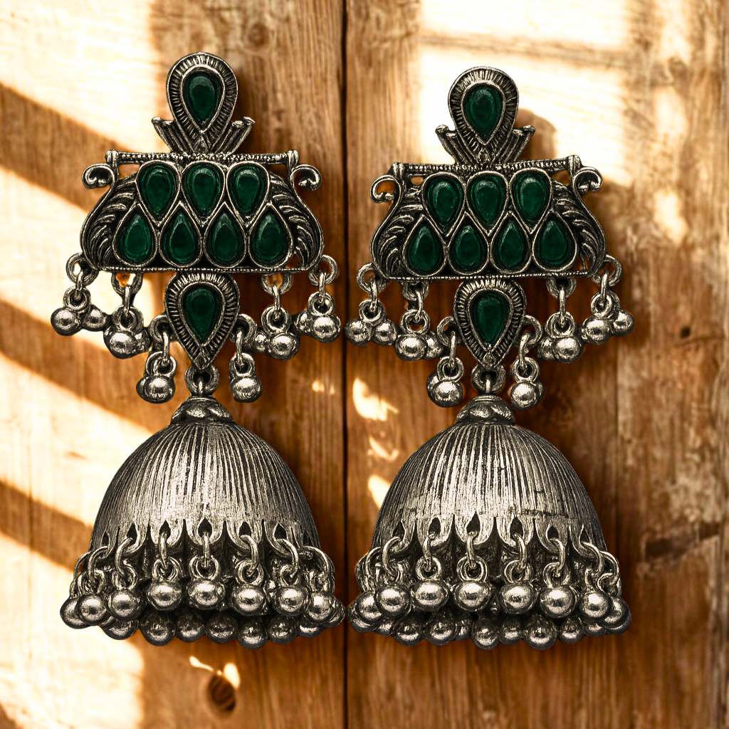 Antique Oxidized Jhumka Earrings with Green Stone Work