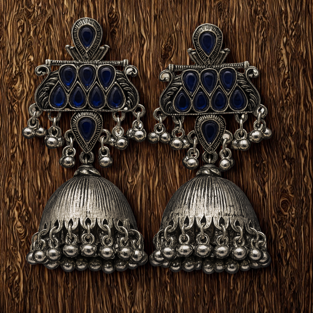 Antique Gold-Plated Oxidized Silver Jhumka Earrings with Blue Stone Work